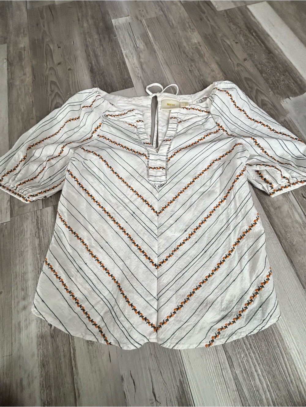 Anthropologie White Striped V-Neck Peasant Blouse with Orange Embroidery